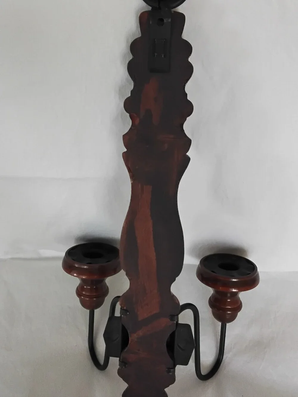 Vtg Wood and Metal 2 Arm Wall Sconce Candle Holder- Brown and Black